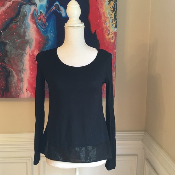 🎉LAST CHANCE🎉 BCBGMAXAZRIA Sequin Trim Black Long Sleeve Tee - Picture 2 of 7
